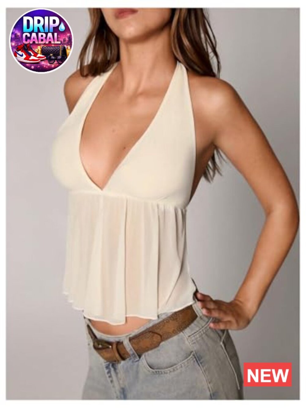 Mesh Sheer Tie Back Halter Crop Top Peplum Ruffle Sleeveless Summer Top - Picture 3 of 5